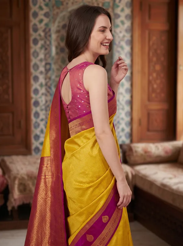 Yellow_Banarasi_Silk_Jacquard_Saree_with_Purple_Border_&_Blouse