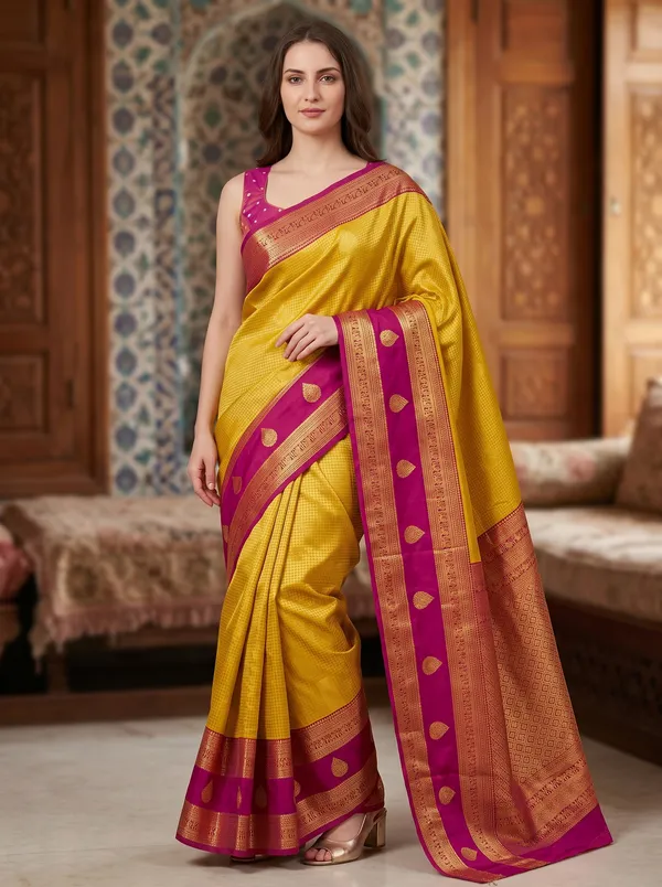 Yellow_Banarasi_Silk_Jacquard_Saree_with_Purple_Border_&_Blouse