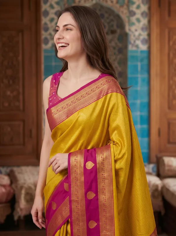 Yellow_Banarasi_Silk_Jacquard_Saree_with_Purple_Border_&_Blouse