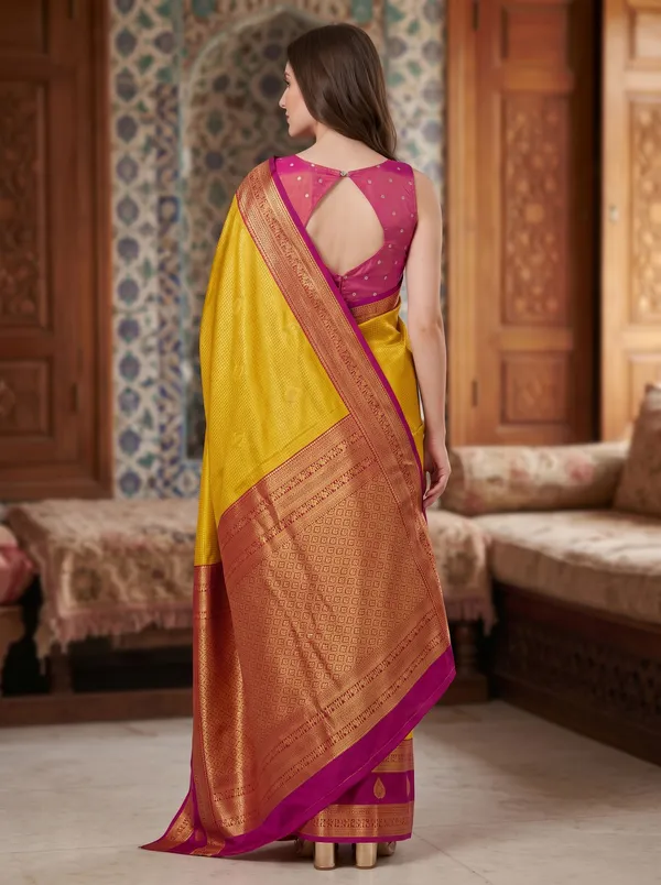 Yellow_Banarasi_Silk_Jacquard_Saree_with_Purple_Border_&_Blouse