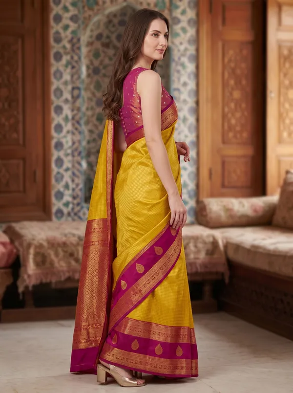 Yellow_Banarasi_Silk_Jacquard_Saree_with_Purple_Border_&_Blouse