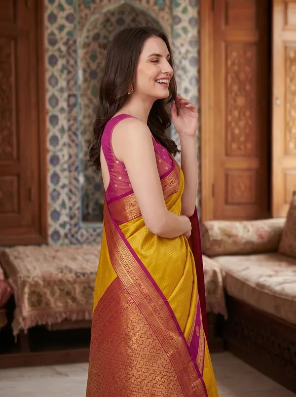 Yellow_Banarasi_Silk_Jacquard_Saree_with_Purple_Border_&_Blouse