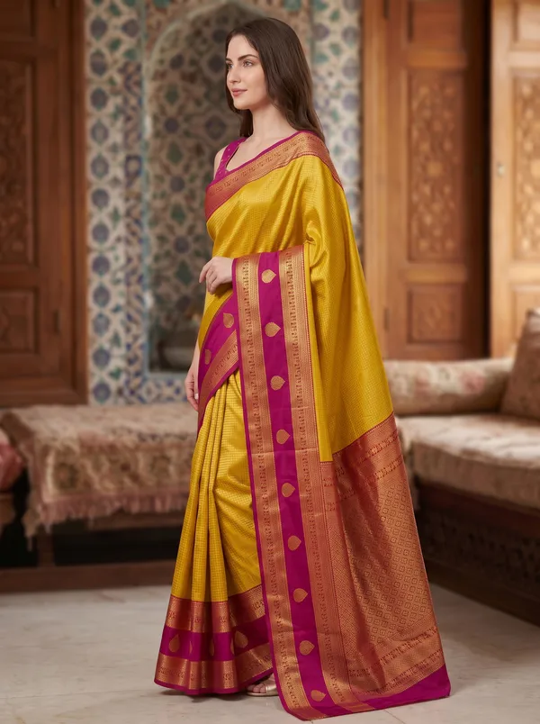 Yellow_Banarasi_Silk_Jacquard_Saree_with_Purple_Border_&_Blouse