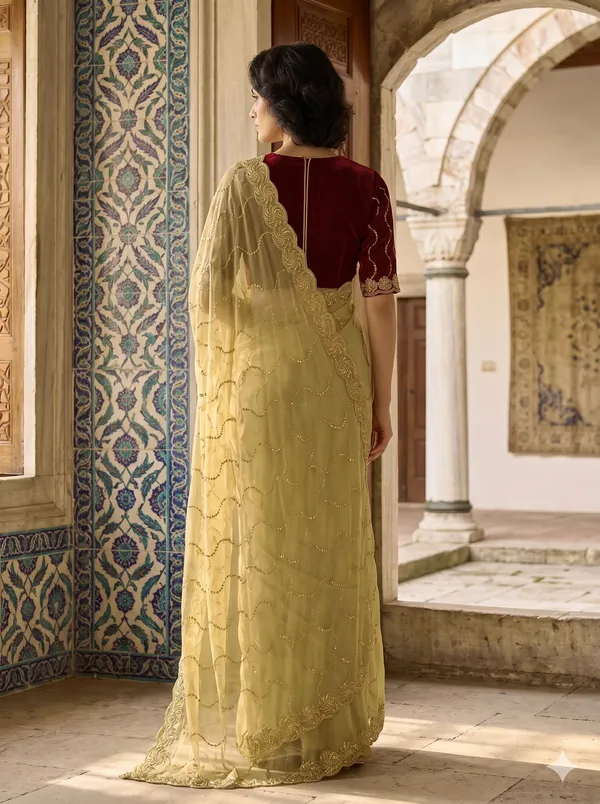 Beige_Georgette_Silk_Saree_with_Gold_Sequence_&_Zari_Bead_Work