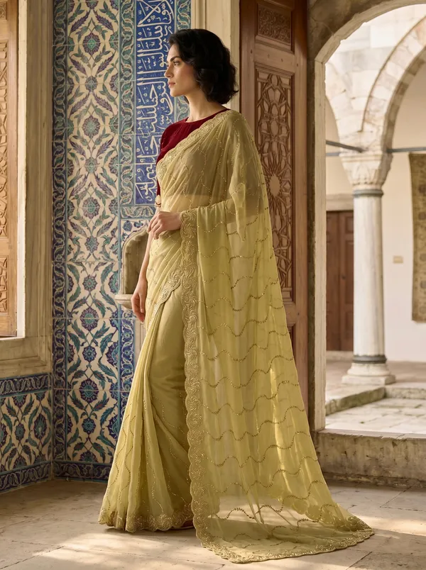 Beige_Georgette_Silk_Saree_with_Gold_Sequence_&_Zari_Bead_Work