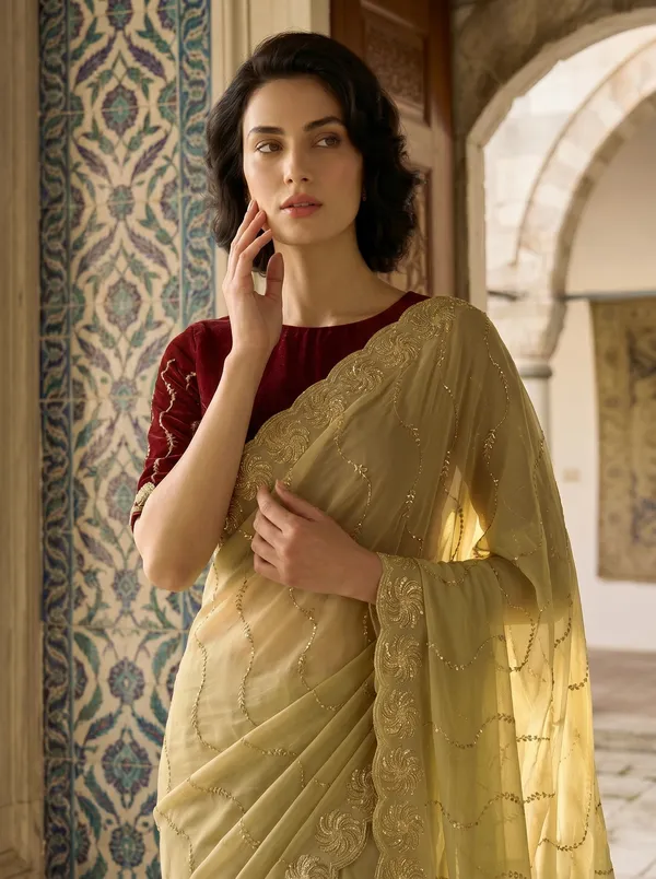 Beige_Georgette_Silk_Saree_with_Gold_Sequence_&_Zari_Bead_Work