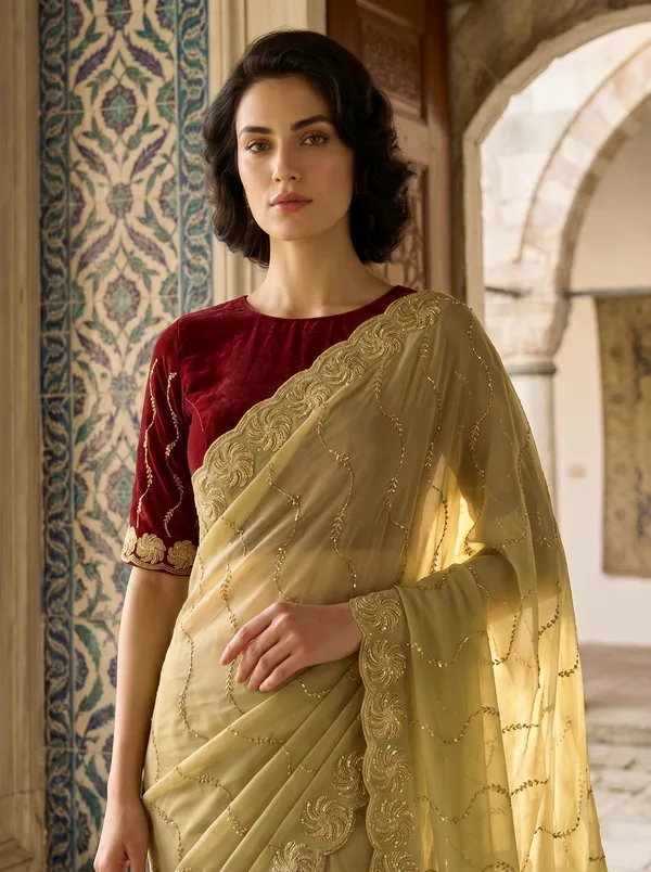 Beige_Georgette_Silk_Saree_with_Gold_Sequence_&_Zari_Bead_Work