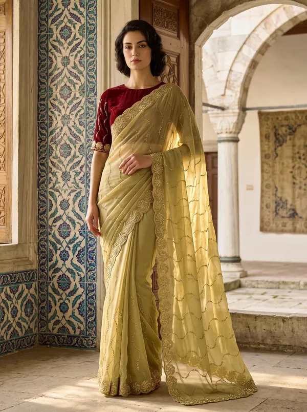 Beige_Georgette_Silk_Saree_with_Gold_Sequence_&_Zari_Bead_Work