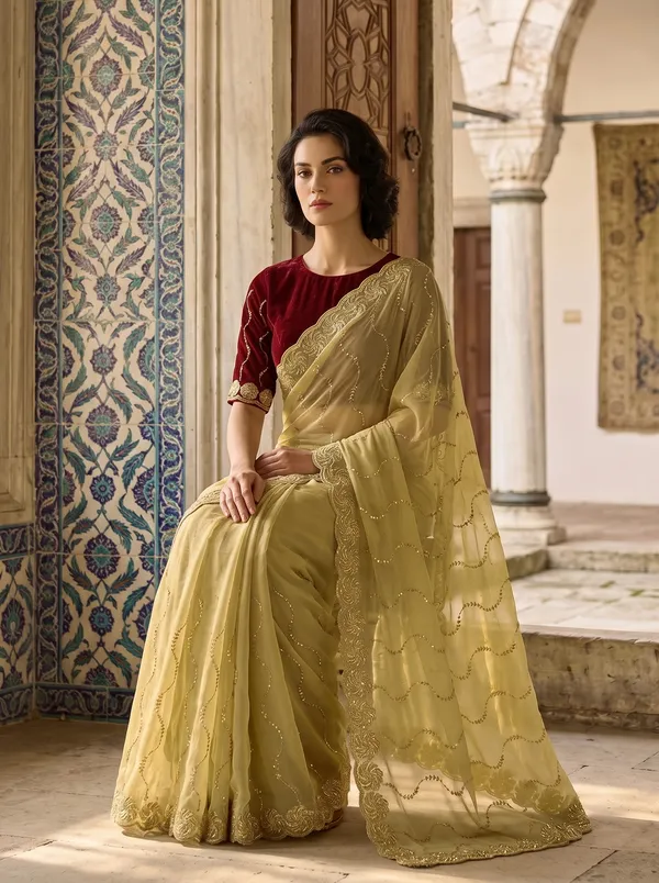 Beige_Georgette_Silk_Saree_with_Gold_Sequence_&_Zari_Bead_Work
