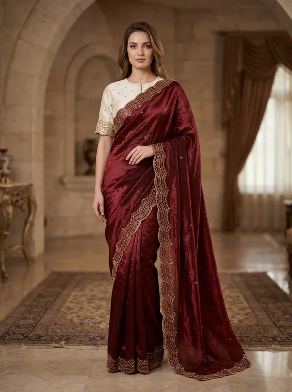 Maroon_Satin_Tissue_Silk_Saree_with_Scalloped_Bead_&_Sequin_Work