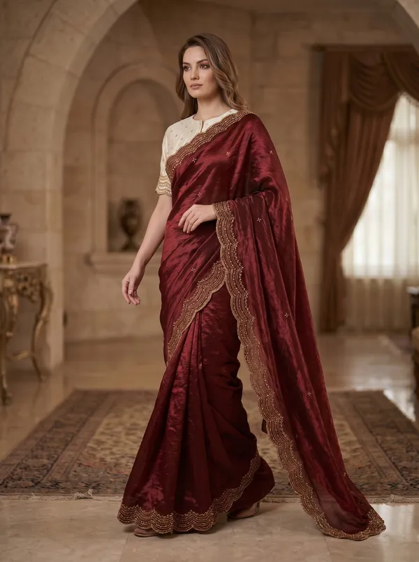 Maroon_Satin_Tissue_Silk_Saree_with_Scalloped_Bead_&_Sequin_Work