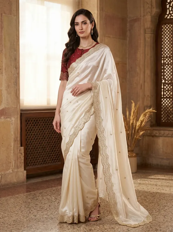 White_Satin_Tissue_Silk_Saree_with_Gold_Scalloped_Border_&_Sequence_Work