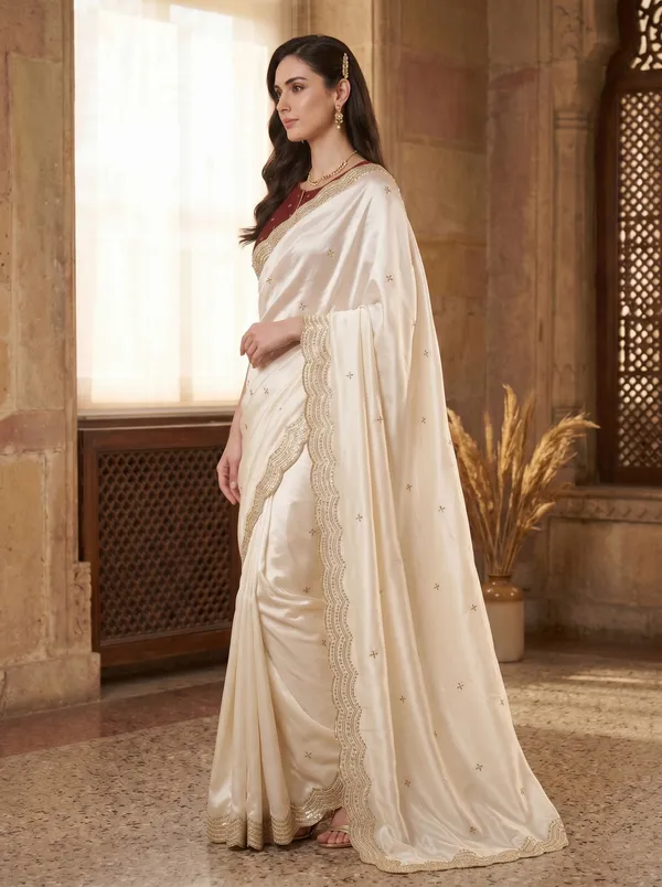 White_Satin_Tissue_Silk_Saree_with_Gold_Scalloped_Border_&_Sequence_Work