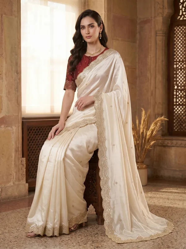 White_Satin_Tissue_Silk_Saree_with_Gold_Scalloped_Border_&_Sequence_Work