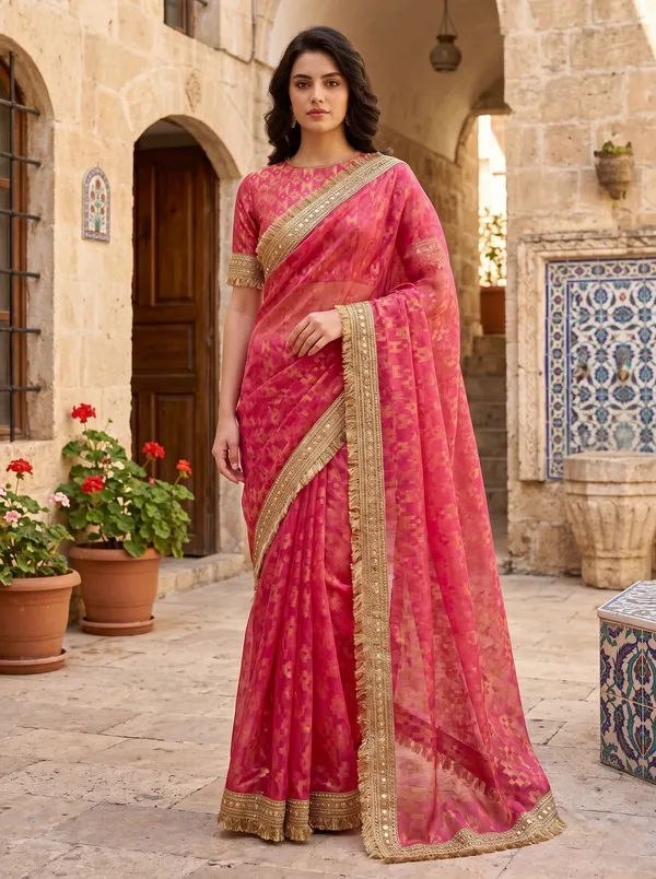 Pink_Jacquard_Satin_Tissue_Silk_Kiran_Border_Saree