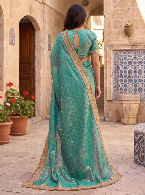 Teal_Jacquard_Satin_Tissue_Silk_Kiran_Border_Saree