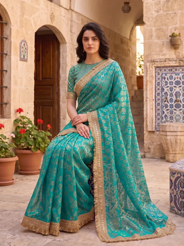 Teal_Jacquard_Satin_Tissue_Silk_Kiran_Border_Saree
