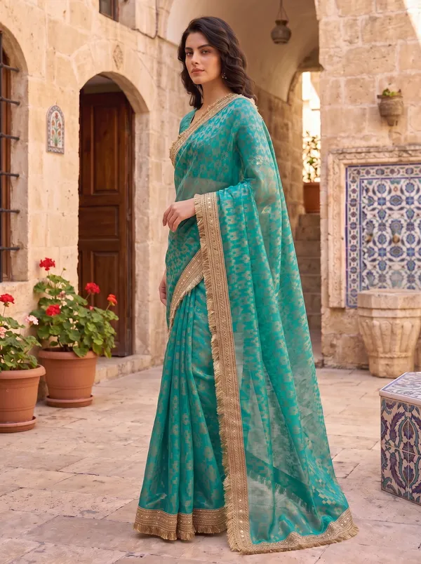 Teal_Jacquard_Satin_Tissue_Silk_Kiran_Border_Saree