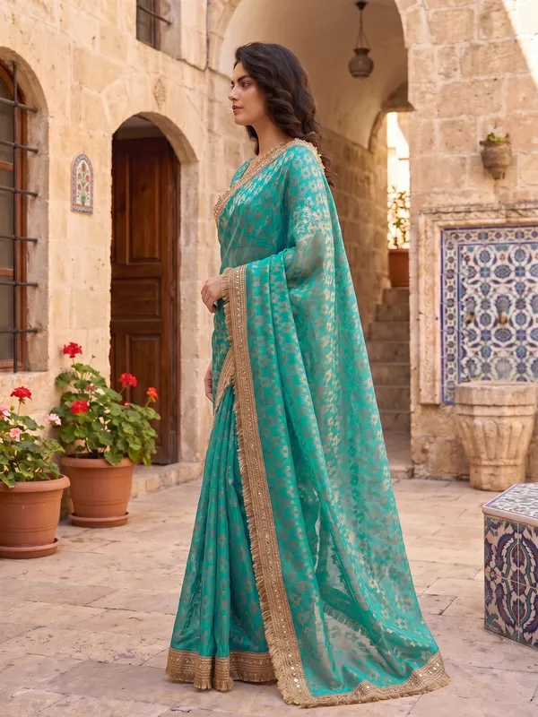 Teal_Jacquard_Satin_Tissue_Silk_Kiran_Border_Saree