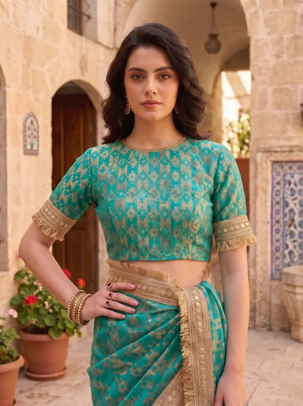 Teal_Jacquard_Satin_Tissue_Silk_Kiran_Border_Saree