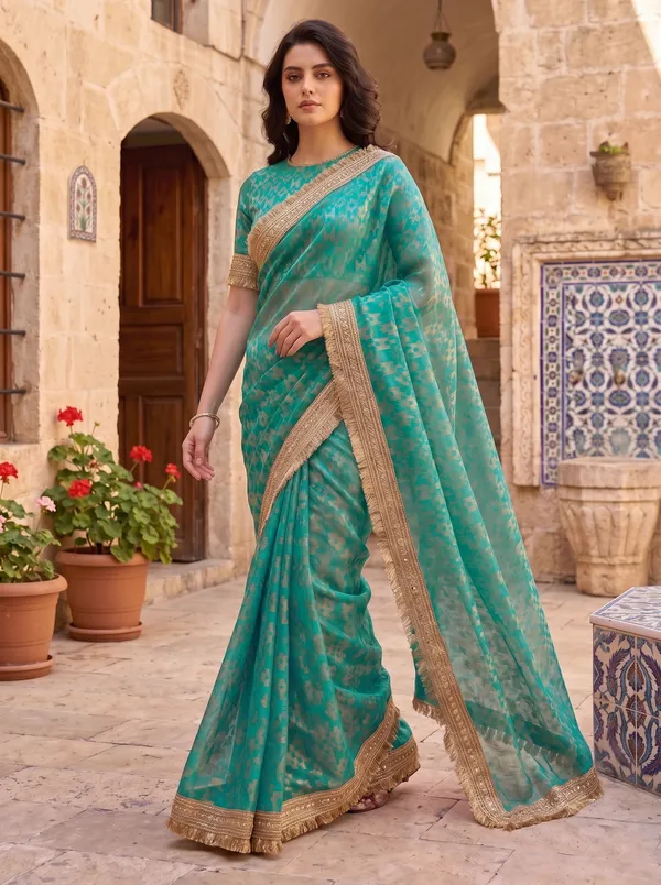 Teal_Jacquard_Satin_Tissue_Silk_Kiran_Border_Saree