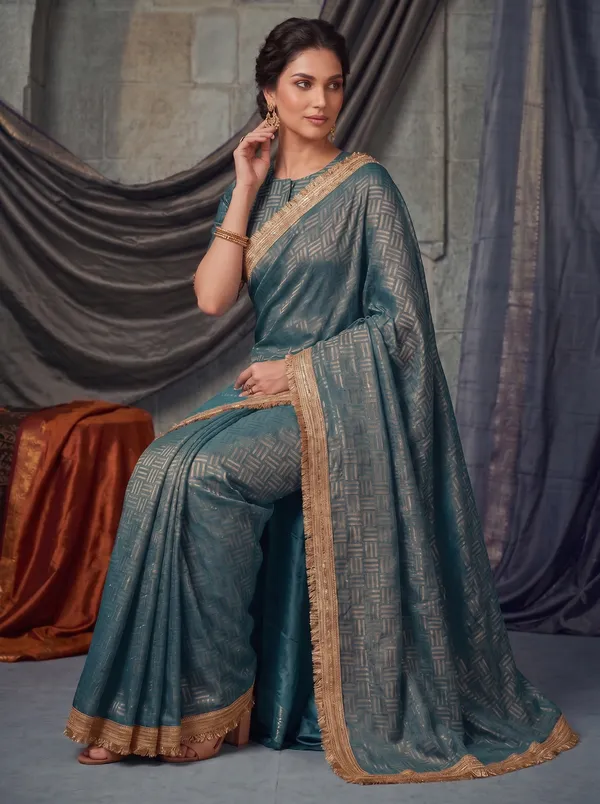 Teal_Jacquard_Satin_Tissue_Silk_Saree_with_Gold_Kiran_Fringed_Border