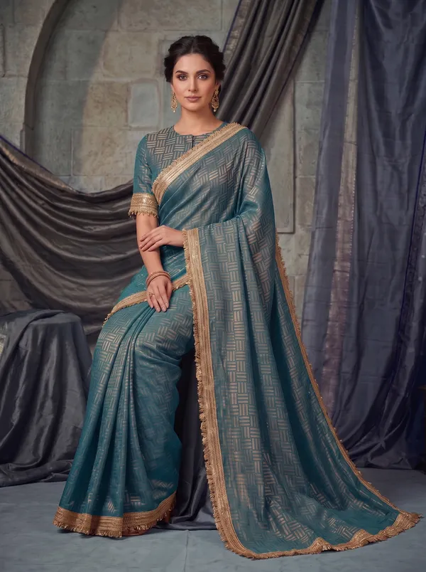 Teal_Jacquard_Satin_Tissue_Silk_Saree_with_Gold_Kiran_Fringed_Border
