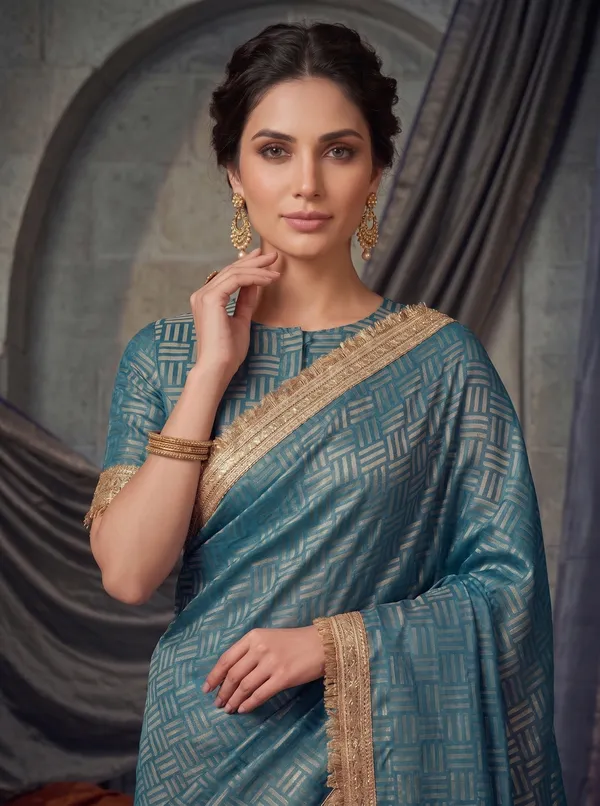 Teal_Jacquard_Satin_Tissue_Silk_Saree_with_Gold_Kiran_Fringed_Border