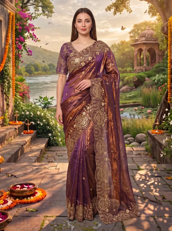 Brown_Georgette_Satin_Embroidered_Saree_with_Zari_Work_&_Stitched_Blouse