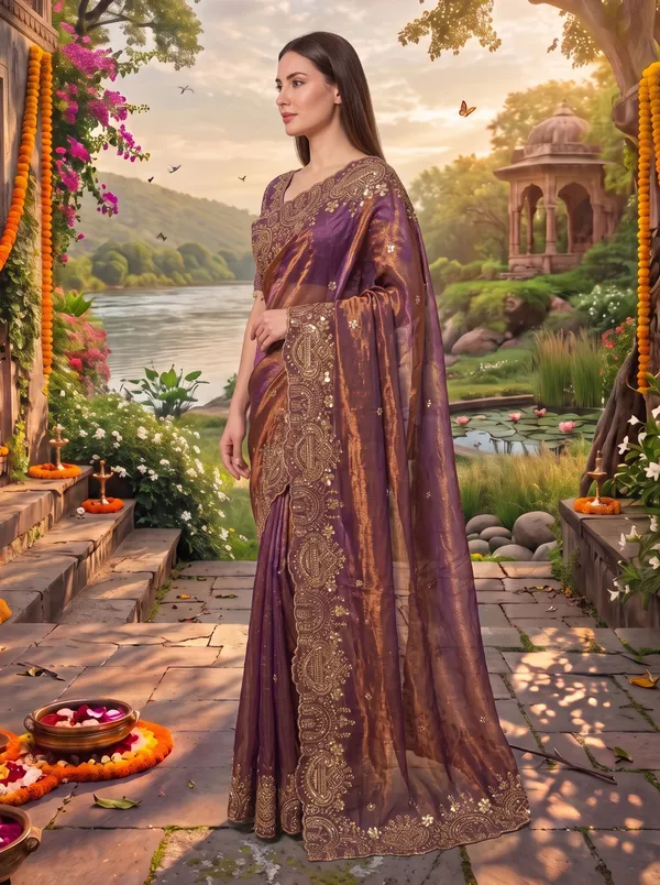Brown_Georgette_Satin_Embroidered_Saree_with_Zari_Work_&_Stitched_Blouse