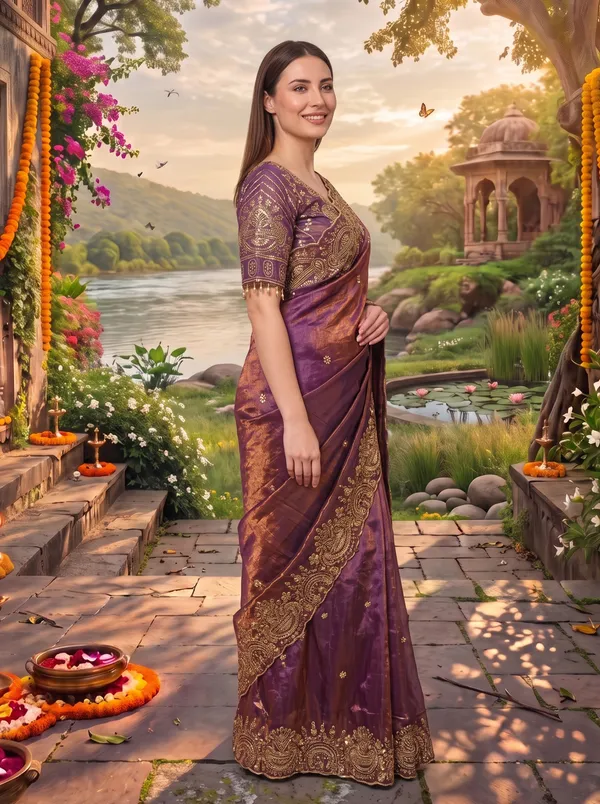 Brown_Georgette_Satin_Embroidered_Saree_with_Zari_Work_&_Stitched_Blouse