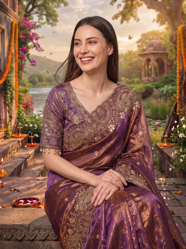 Brown_Georgette_Satin_Embroidered_Saree_with_Zari_Work_&_Stitched_Blouse