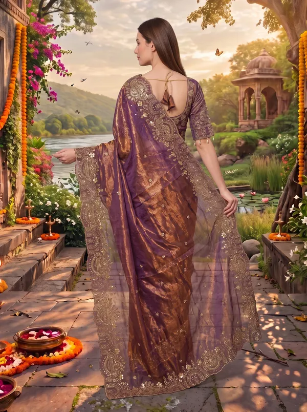 Brown_Georgette_Satin_Embroidered_Saree_with_Zari_Work_&_Stitched_Blouse