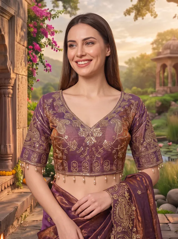 Brown_Georgette_Satin_Embroidered_Saree_with_Zari_Work_&_Stitched_Blouse