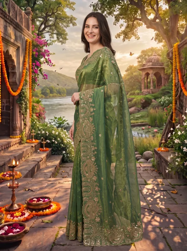 Brown_Georgette_Satin_Embroidered_Saree_with_Zari_Work_&_Stitched_Blouse