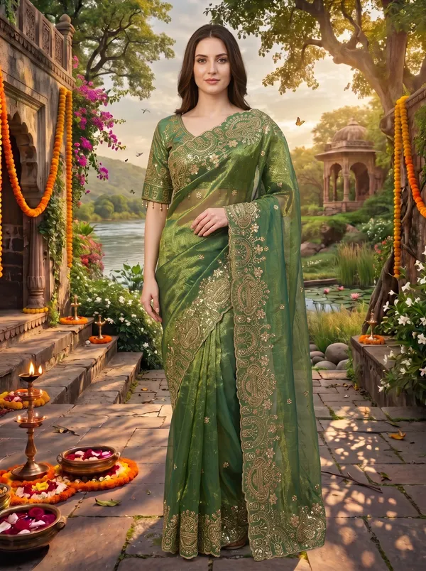 Brown_Georgette_Satin_Embroidered_Saree_with_Zari_Work_&_Stitched_Blouse