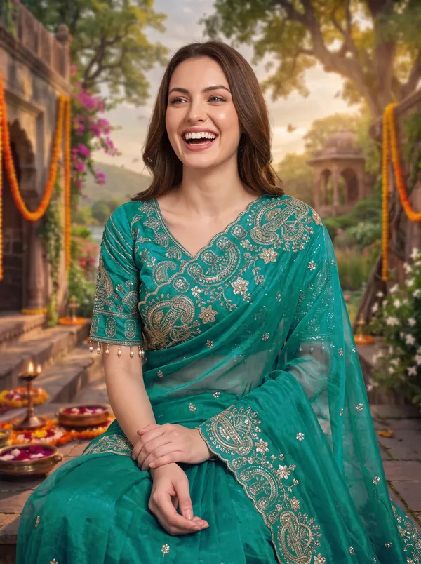 Brown_Georgette_Satin_Embroidered_Saree_with_Zari_Work_&_Stitched_Blouse