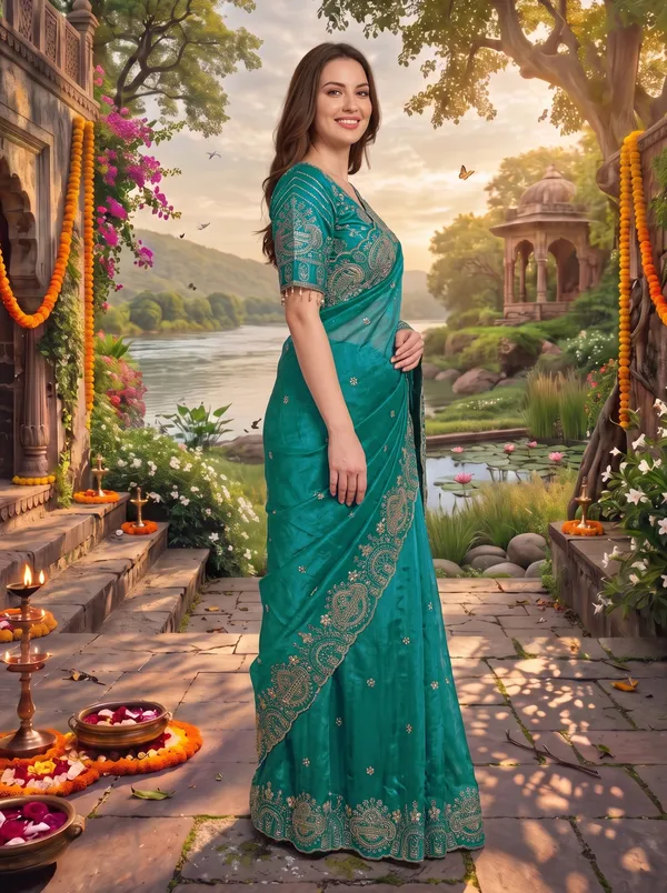 Brown_Georgette_Satin_Embroidered_Saree_with_Zari_Work_&_Stitched_Blouse