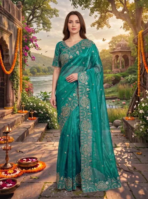 Brown_Georgette_Satin_Embroidered_Saree_with_Zari_Work_&_Stitched_Blouse