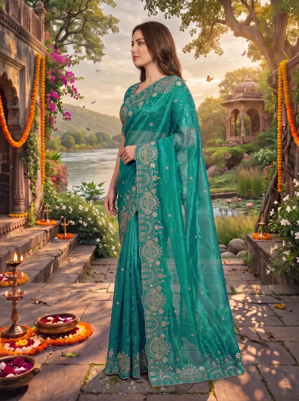 Brown_Georgette_Satin_Embroidered_Saree_with_Zari_Work_&_Stitched_Blouse