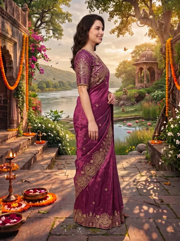 Brown_Georgette_Satin_Embroidered_Saree_with_Zari_Work_&_Stitched_Blouse