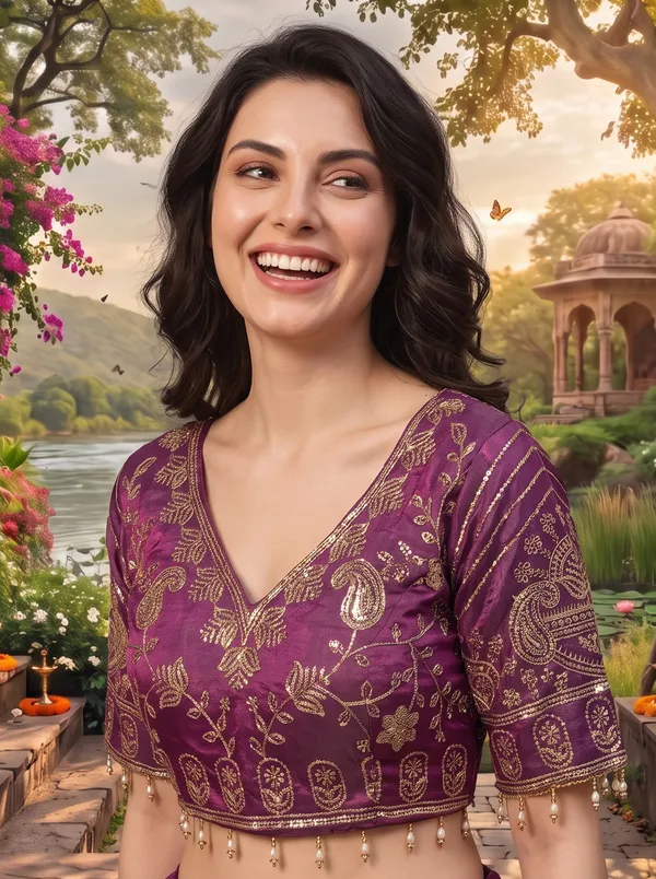 Brown_Georgette_Satin_Embroidered_Saree_with_Zari_Work_&_Stitched_Blouse