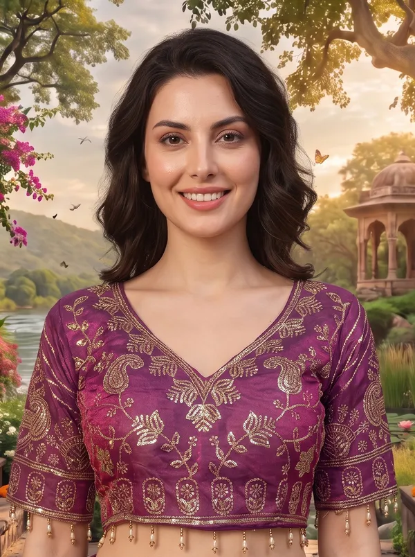 Brown_Georgette_Satin_Embroidered_Saree_with_Zari_Work_&_Stitched_Blouse