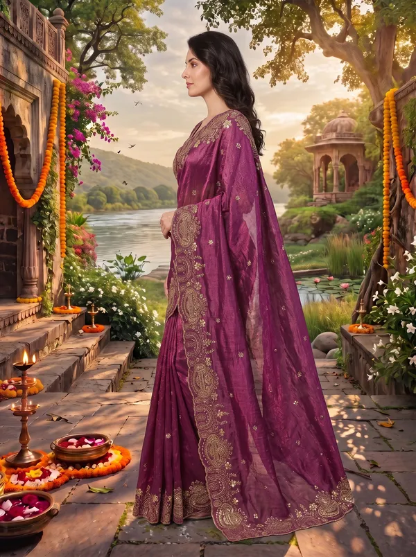 Brown_Georgette_Satin_Embroidered_Saree_with_Zari_Work_&_Stitched_Blouse