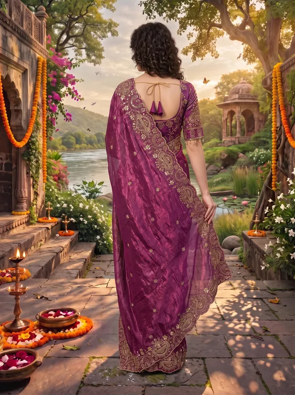 Brown_Georgette_Satin_Embroidered_Saree_with_Zari_Work_&_Stitched_Blouse