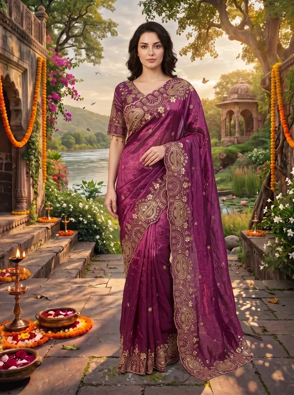 Brown_Georgette_Satin_Embroidered_Saree_with_Zari_Work_&_Stitched_Blouse