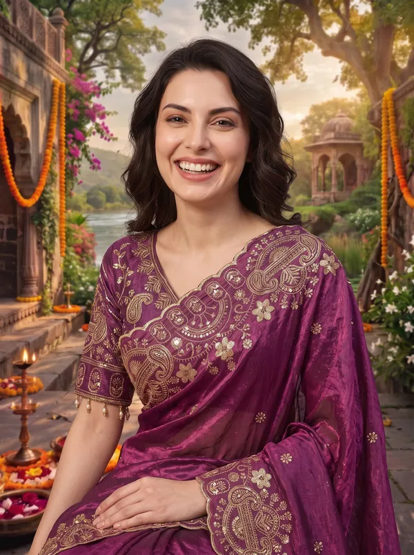 Brown_Georgette_Satin_Embroidered_Saree_with_Zari_Work_&_Stitched_Blouse