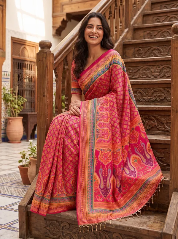 Magenta_Chinon_Digital_Printed_Saree_with_Real_Glass_Bead_Tassels