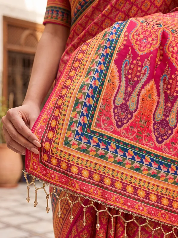 Magenta_Chinon_Digital_Printed_Saree_with_Real_Glass_Bead_Tassels