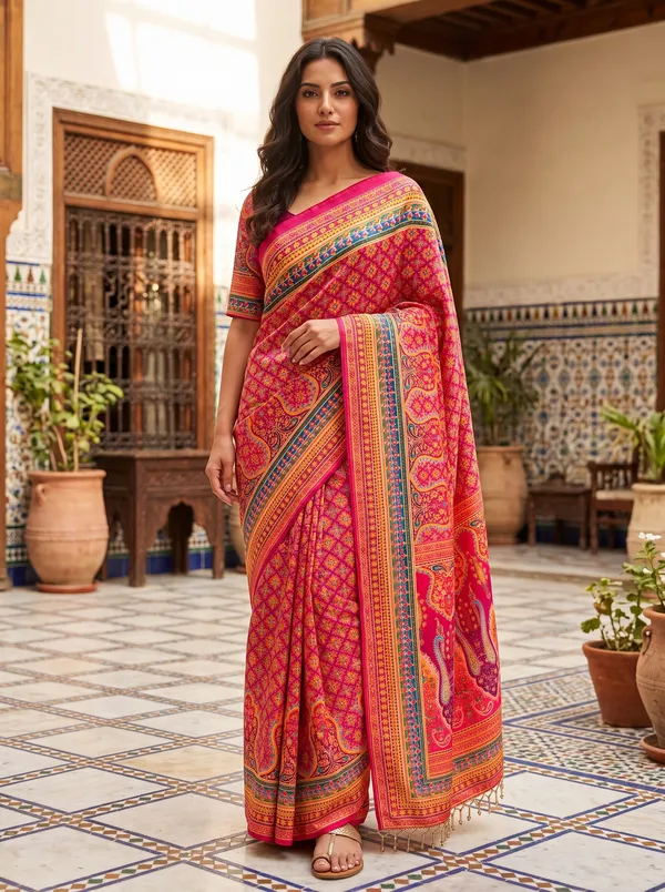 Magenta_Chinon_Digital_Printed_Saree_with_Real_Glass_Bead_Tassels